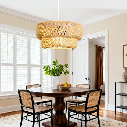 23.6IN Bamboo Pendant Light Fixtures, Hand-Woven Ceiling Hanging Chandelier, 4-Light Bohemian Large Basket Pendant Lights for Kitchen Island Dining Living Room Bedroom Restaurant