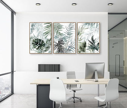 Large Framed Canvas Wall Art - Natural Float Framed Tropic Leaf Pictures Wall Art Prints for Living Room Decor Green Plants Artwork for Bedroom Kitchen Home Office Decoration 60" X 28" Set of 3