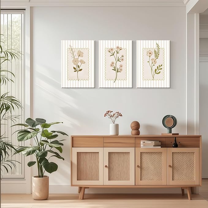 Framed Beige Wildflowers Canvas Wall Art Stripes Floral Poster Picture Simple Vintage Country Painting Nature Landscape Modern Home Print Living Room Gallery Office Ready to Hang 12x16 Inch x3
