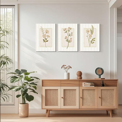 Framed Beige Wildflowers Canvas Wall Art Stripes Floral Poster Picture Simple Vintage Country Painting Nature Landscape Modern Home Print Living Room Gallery Office Ready to Hang 12x16 Inch x3