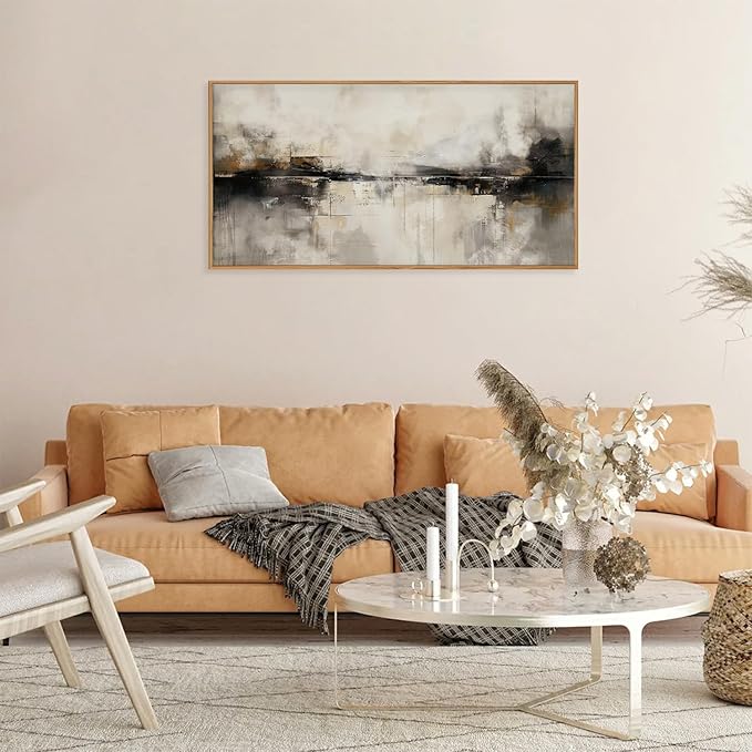 HOURIA Large Abstract Neutral Beige & Black Framed Canvas Wall Art Set,Modern Minimalist Brown Wall Decor,Textured Gray Tan Illustrations Artwork for Living Room, Bedroom, Farmhouse- 40"x20"x1
