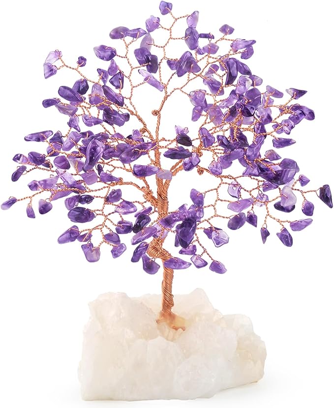 Natural Amethyst Crystal Tree of Life,Clear Quartz Cluster Base,Healing Crystals Positive Energy Gem Money Tree Bonsai,Feng Shui Decor,Spriture Gift Size 5.5"-6.3"