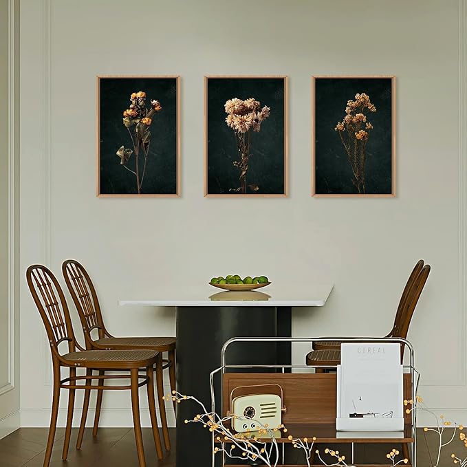HOURIA Moody Boho Floral Framed Canvas Wall Art Set,Vintage Black Flower Wall Decor,Mid Century Minimalist Wildflower Artwork,Nature Retro Botanical Art Print for Living Room,Bedroom,Office- 24"x36"x3