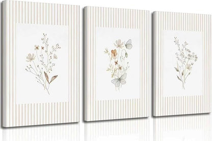 3Psc Striped Floral Canvas Wall Art Neutral Minimalist Flower Painting Picture Wall Decor Boho Vintage Wildflower Poster Print Artwork for Living Room Bathroom Home Decoration12x16 Inch
