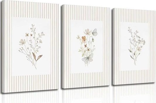 3Psc Striped Floral Canvas Wall Art Neutral Minimalist Flower Painting Picture Wall Decor Boho Vintage Wildflower Poster Print Artwork for Living Room Bathroom Home Decoration12x16 Inch