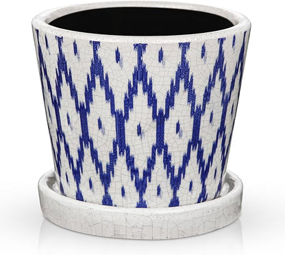 Plant Pots 5.5 Inch, Ceramic Planter with Drainage Hole and Saucer for Indoor Plants, Ice Crack Diamond Pattern Vintage Garden Pots for Succulent Orchid Snake Plants Flower (Blue)