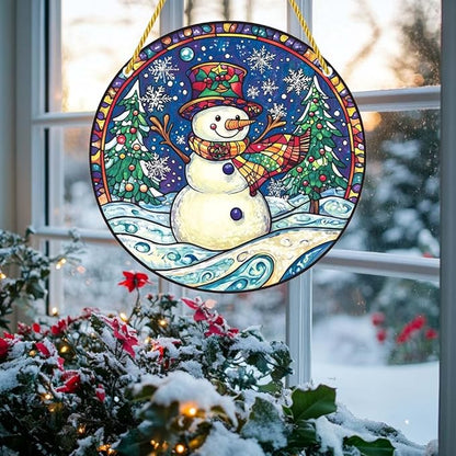 Acrylic Window Hanging Funny Snowman Stained Panel Window Decoration for Outdoor Indoor Garden Yard Home Winter Decor 12 Inch