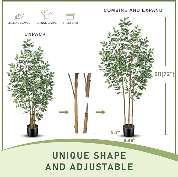 Ficus Tree Artificial - 6ft Artificial Ficus Trees Indoor with Natural Trunk and Lifelike Leaves - Fake Ficus Tree for Home Office Corner Indoor Decor