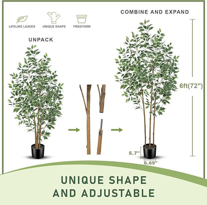 Ficus Tree Artificial - 6ft Artificial Ficus Trees Indoor with Natural Trunk and Lifelike Leaves - Fake Ficus Tree for Home Office Corner Indoor Decor