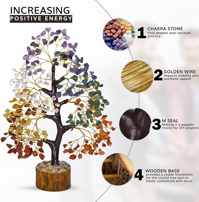 NARIBABU 7 Chakra Crystal Tree with 300 Gemstones – 10-12 Inch Energy Tree with Golden Wire & Wooden Base – Gifts for Her, Healing Crystals Decor, Birthday Gift for Women
