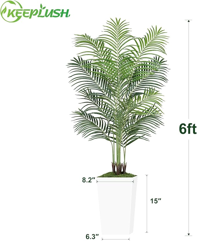 6ft Artificial Palm Tree with White Planter-Tall Artificial Indoor Plants, Fake Tropical Palm Tree, Faux Silk Plants for Home Office Living Room Bedroom Modern Decor