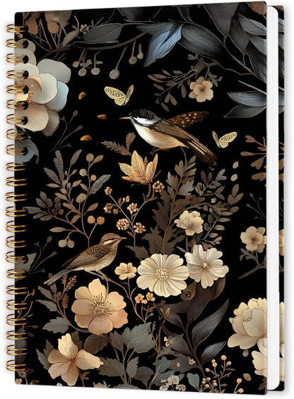 Vintage Botanical Floral Bird Spiral Notebook, Dark Cottagecore Flower Journal Notebook, Retro Wildflower Botanical Journaling Notebooks for Women, Moody Floral Office School Supplies Gifts, 5.5x8.3 In