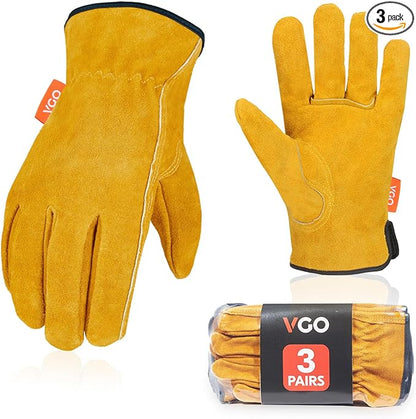 Vgo... 3-Pairs Unlined Cowhide Split Leather Work and Driver Gloves, for Heavy Duty, Truck Driving, Warehouse, Gardening, Farm (Size XL, Gold, CB9501)