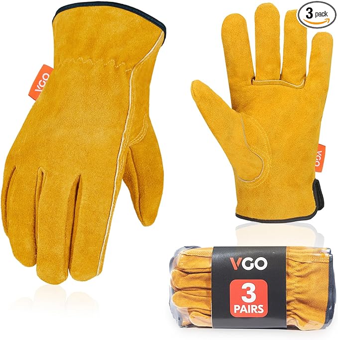 Vgo... 3-Pairs Unlined Cowhide Split Leather Work and Driver Gloves, for Heavy Duty, Truck Driving, Warehouse, Gardening, Farm (Size M, Gold, CB9501)