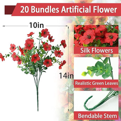 mizii Artificial Flowers for Outdoors 20 Bundles Realistic Faux Silk Flower UV Resistant Fake Plants Outside Decorations for Patio Garden Balcony Yard Porch Summer Indoor Home Decor (Red)