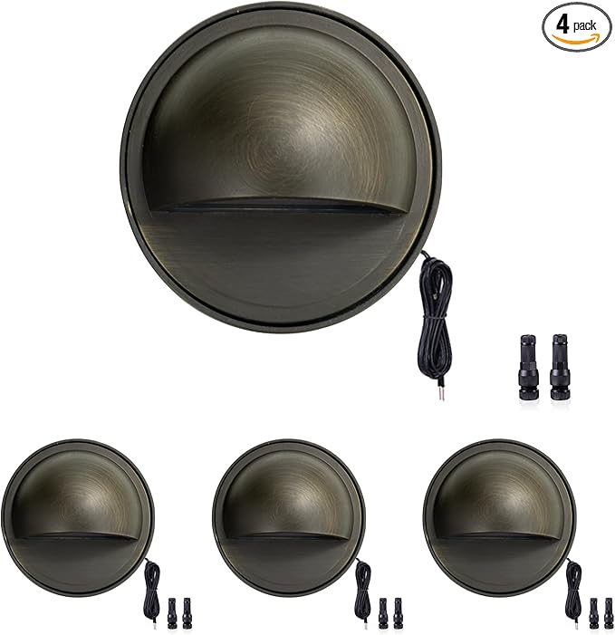 Gardenreet Low Voltage Deck Lights - Solid Brass Landscape Step Lights LED, 12V Hardwired IP65 Waterproof, Bronze Round Lighting for Stair Fence Wall Yard Without G4 Bulb 4 Pack