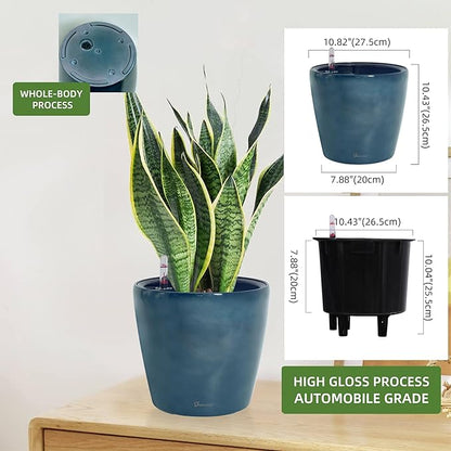 Dexceder 11x10 Inches Self Watering Planter Indoor Outdoor, Inner Pot Design, Thickened Table Flower Plant Pot with Water Level Indicator (Grayish Green Gradient)