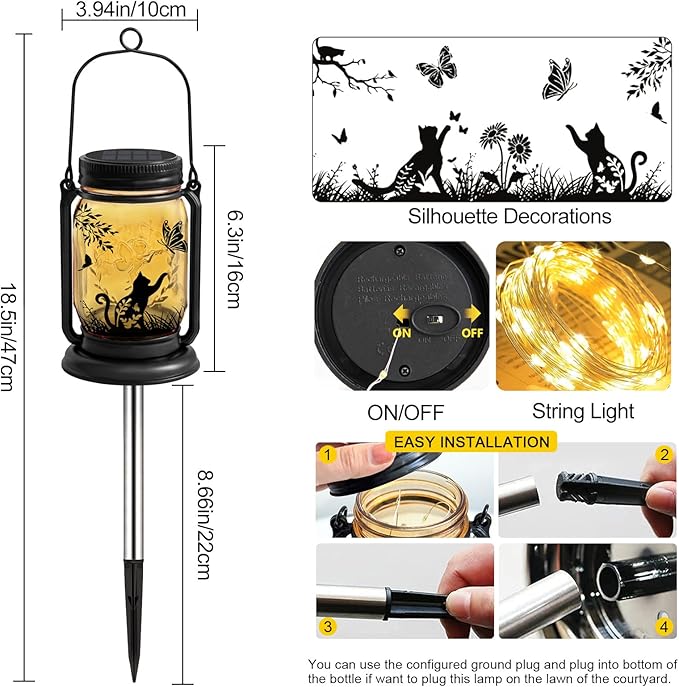 2 Pack Cat Solar Lanterns, Outdoor Hanging Solar Lantern with Stake, Birthday Gifts for Mom, Grandma,Women,Black Cat Butterfly Vintage Glass Mason Jar Waterproof Lights for Yard Garden Decor