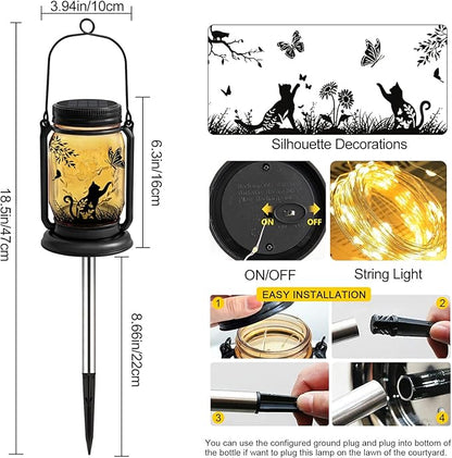 2 Pack Cat Solar Lanterns, Outdoor Hanging Solar Lantern with Stake, Birthday Gifts for Mom, Grandma,Women,Black Cat Butterfly Vintage Glass Mason Jar Waterproof Lights for Yard Garden Decor