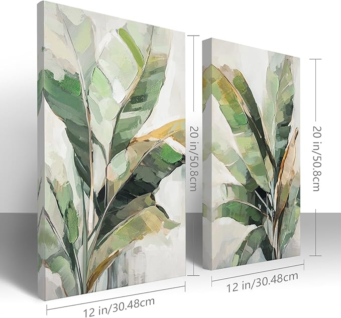 Botanical Wall Art Set Hand Painted, for Living Room plant wall art,Green Tropical Plant Leaf Wall Decor, Modern Banana Leaf Wall Painting, for Bedroom, Dining Room, Office - 12x20 Inch 2pack