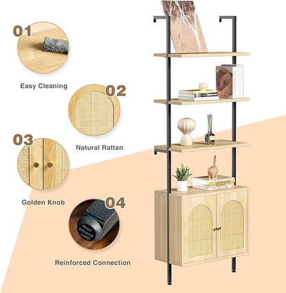 Set of 2 Tall Bookshelf with Storage, 6 Tier Ladder Bookshelf with Rattan Cabinet, Wall Mounted Bookcase with Doors & Metal Frame for Living Room, Bathroom, Home Office, Black
