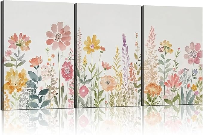 Framed Watercolor Wildflowers Canvas Wall Art Colorful Floral Poster Picture Vintage Country Painting Nature Landscape Modern Home Print Living Room Gallery Office Ready to Hang 16x24 Inch x3