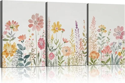 Framed Watercolor Wildflowers Canvas Wall Art Colorful Floral Poster Picture Vintage Country Painting Nature Landscape Modern Home Print Living Room Gallery Office Ready to Hang 16x24 Inch x3