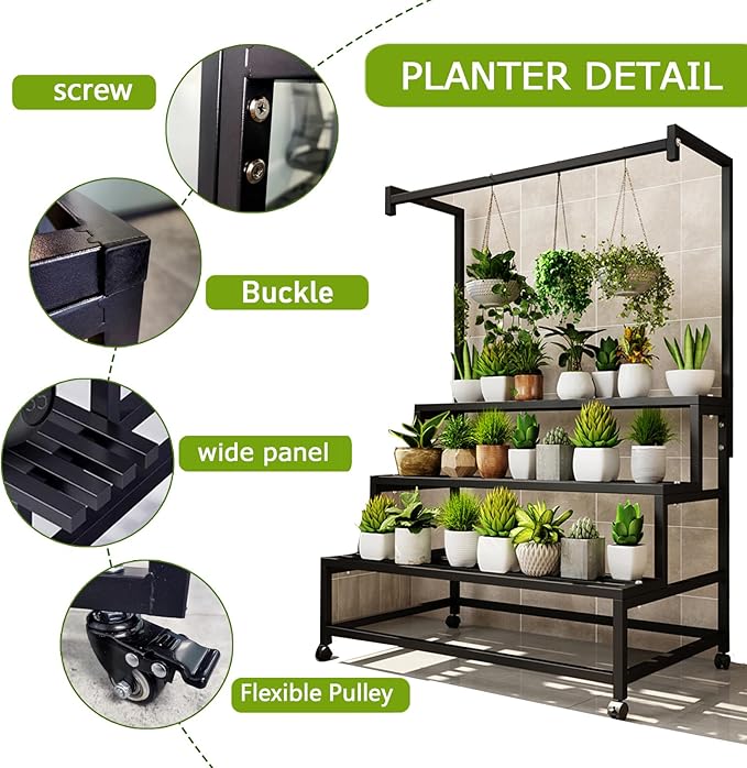 39in Large Metal Plant Stand, 4 Tier with Hanging Tall Plant pot shelf (67in), with Rollers Heavy Duty Plant Holder, for Home/Garden/living room/balcony (BLACK, 39IN)