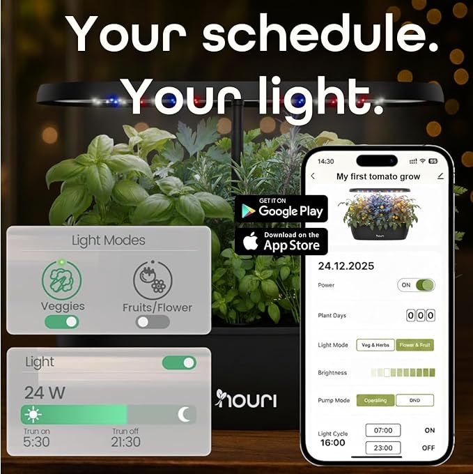 Nouri 12 pod APP Smart Garden for Home Cooks | Heirloom Tomato | Hydroponics Growing System | LED Grow Lights | Indoor Herb Garden Kit | Herb Growing Kit Indoors for Plant Lovers, Gardeners, Kitchen
