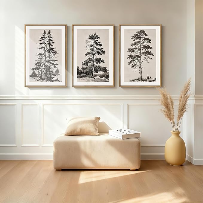 ANHUIB Vintage Tree Sketch Framed Canvas Wall Art 16x24 Inch Neutral Wilderness Forest Paintings Retro Botanical Wall Decor Set of 3 for Living Room Bedroom Office