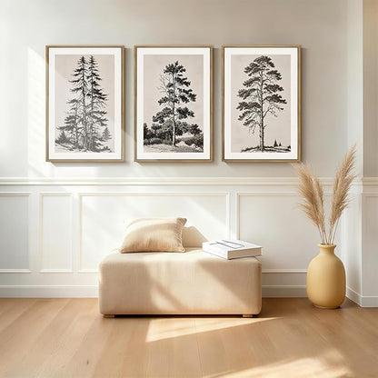 ANHUIB Vintage Tree Sketch Framed Canvas Wall Art 16x24 Inch Neutral Wilderness Forest Paintings Retro Botanical Wall Decor Set of 3 for Living Room Bedroom Office