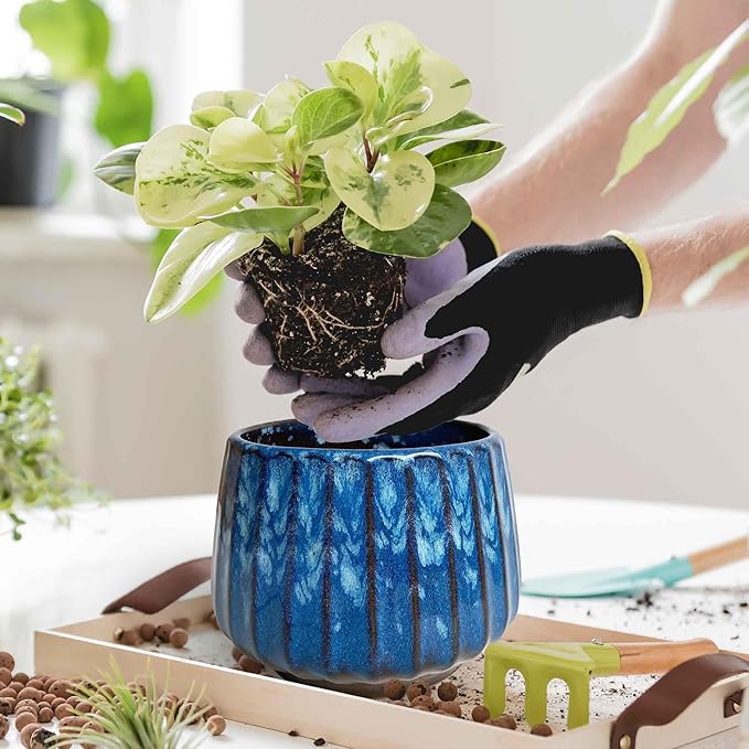 5.5 inch Plant Pot Ceramic，Reactive Glaze Pot with Drainage Hole for Indoor/Outdoor Plants，Breathable Small Cactus Pot Glazed Blue