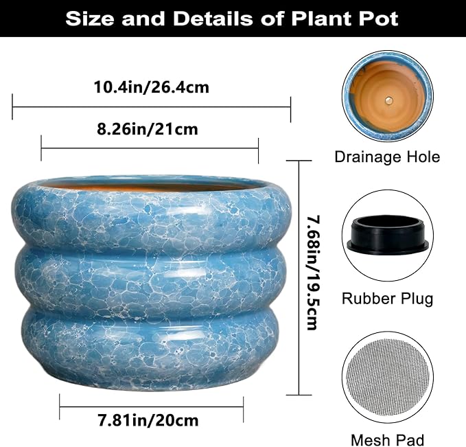 SQOWL 10 Inch Planter Pot - Ceramic Plant Pot with Drainage Hole Planter for Indoor Plants Large Flower Pot Decorative Plant Pot Outdoor Planter for Porch Decor Blue
