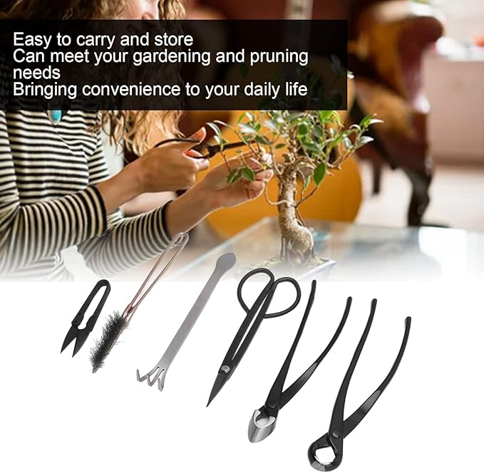 6pcs Succulent Plants Tools, Stainless Steel Bonsai Tool Set, Durable Gardening Hand Tools with Storage Bag for Home Garden Yard, Carbon Steel Leaf Bud Scissors Rake Pliers Brush