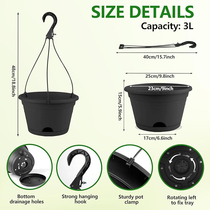 4 Pack Hanging Planters, 10 Inch Plant Pots with Hanger Chain & Drainage Trays, Hanging Baskets for Plants Outdoor Indoor, Flowers Pots for Home, Garden, Porch Decor (2 Grey + 2 Black)