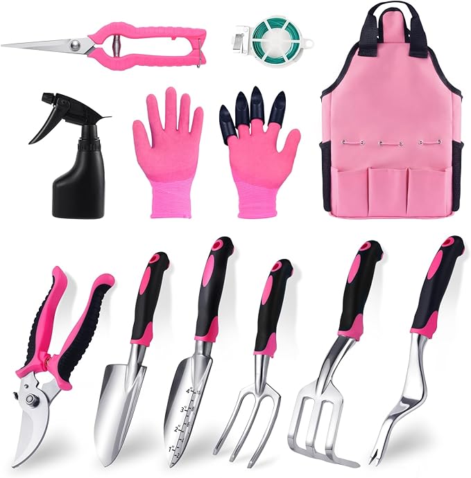 Covacure Gardening Tool Set - 11 Piece Aluminum Alloy Steel Hand Tool Starter Kit with Garden Bag, Outdoor Tool, Heavy Duty Gardening Work Set, Gardening Tools Gift for Women and Men（Pink）