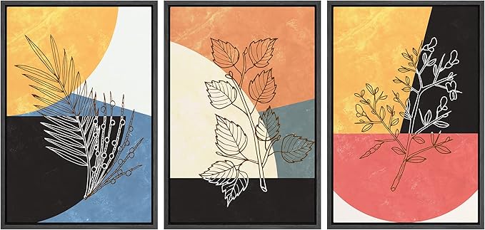 Ashbrook Framed Wall Art Print Set Geometric Mid-Century Color Block Plant Silhouettes Abstract Nature Illustrations Modern Art Boho Colorful for Living Room, Bedroom, Office - 24"x36"x3 Black