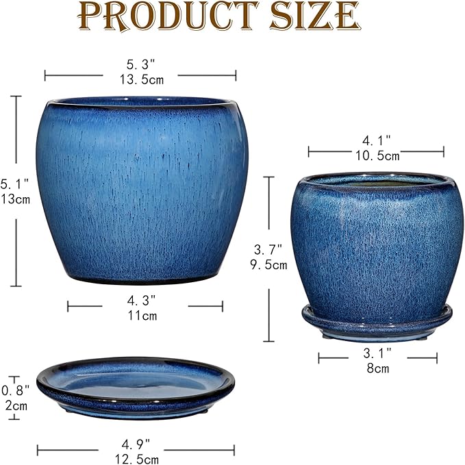 Blue Ceramic Planter Pots with Drainage Holes, 5 Inch + 4 Inch Set of 2, Flower Plants Pot with Saucers Tray Planter Garden Pot for Succulent Cactus Home Decoration Gift Indoor Outdoor