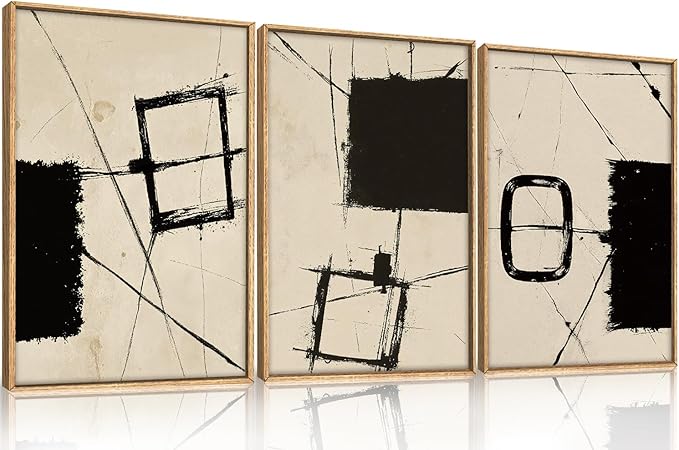 HOURIA Nordic Abstract Black & Beige Brush Stroke Framed Canvas Wall Art Set,Minimalist Geometric Grunge Line Shapes Ink Sketch Decor,Neutral Modern Drawing Artwork for Living Room,Farmhouse-24"x36"x3