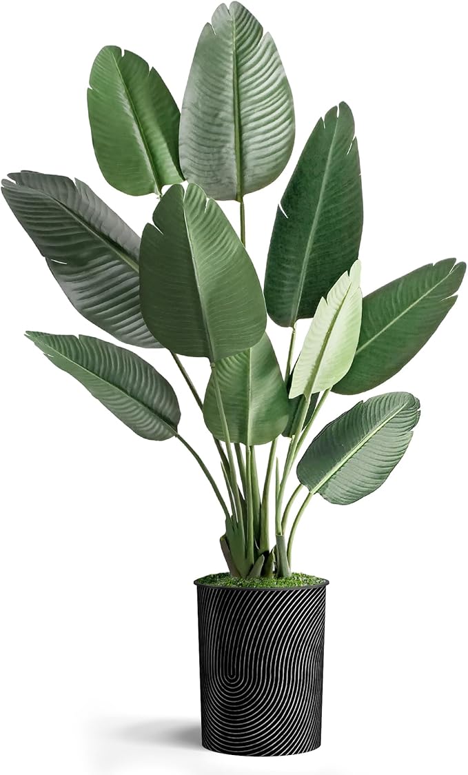 Artificial Tree in Geometric Spiral Pattern Planter, Fake Bird of Paradise Silk Tree for Indoor and Outdoor Home Decoration - 58" Overall Tall (Plant Pot Plus Tree)
