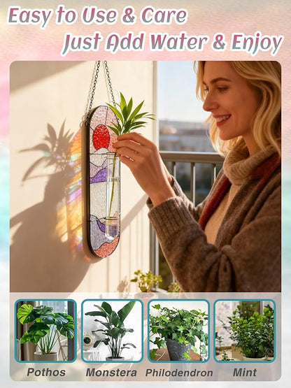 Stained Glass Plant Propagation Stations - Handmade Sunshine Catcher Hydroponic Planter Window Hanging with Glass Tubes, Christmas Terrarium Decor Gifts for Women Mom Plant Lovers, Red