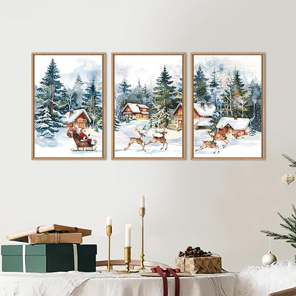 Christmas Santa Sleigh Deer Framed Canvas Wall Art Set, Reindeer Design Decor, Winter Snow Forest Tree Wall Painting, Christmas Art Print for Living Room, Bedroom, Office 16"x24"x3
