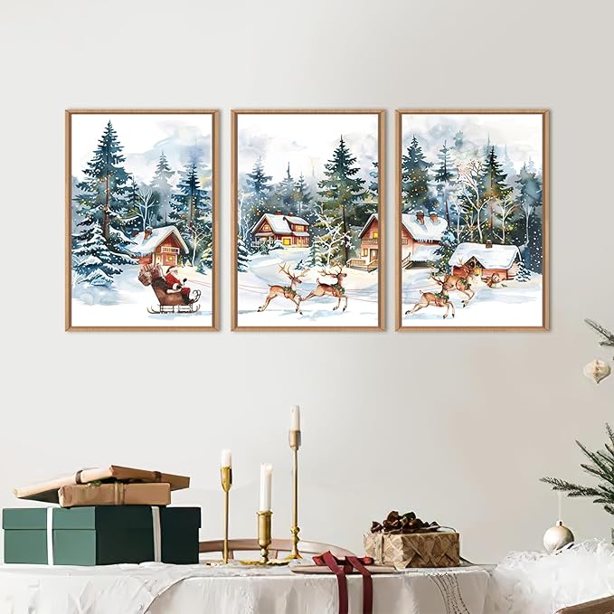 Ausril Christmas Santa Sleigh Deer Framed Canvas Wall Art Set, Reindeer Design Decor, Winter Snow Forest Tree Wall Painting, Christmas Art Print for Living Room, Bedroom, Office 24"x36"x3