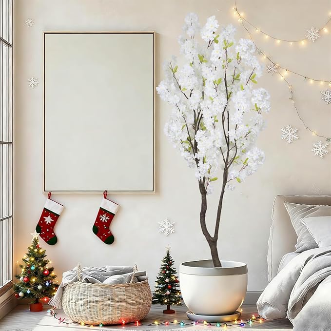 6.56ft White Artificial Cherry Blossom Tree Indoor Decor,Nearly Nature Silk Flower Fake Tree Tall,Realistic Faux Cherry Plant Tree for Christmas New Year Home Decor