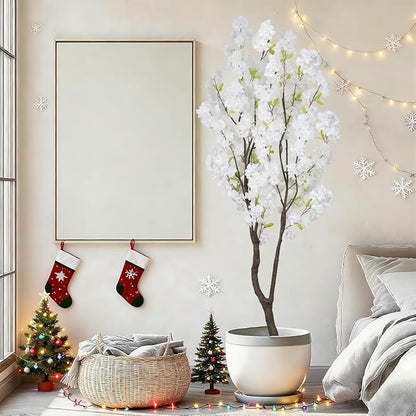 6.56ft White Artificial Cherry Blossom Tree Indoor Decor,Nearly Nature Silk Flower Fake Tree Tall,Realistic Faux Cherry Plant Tree for Christmas New Year Home Decor