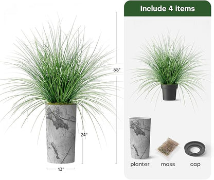 Artificial Tree in Gray Marble Effect Planter, Fake Onion Grass Silk Trees for Indoor and Outdoor Home Decoration - 55" Overall Tall (Plant Pot Plus Tree)