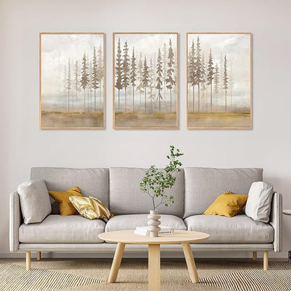 LHIUEM Large Pine Tree Framed Canvas Wall Art Set,Forest Trees Nature Wall Decor,Modern Landscape Artwork, Foggy Forest Painting For Living Room, Bedroom,Office-16 x24 x3