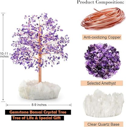 Natural Amethyst Gemstone Crystal Tree of Life, Clear Quartz Base, Chakra Money Bonsai Feng Shui, Positive Energy Healing Crystals Home Decor, Spiritual Gifts Size 10-11