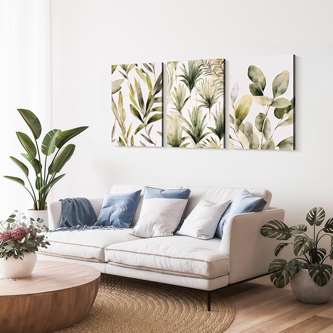 Framed Green Plant Wall Art Boho Picture Floral Canvas Painting Simple Flower Poster Print Bedroom Bathroom Living Room Wall Decor 16x24 inches x3 Ready to Hang