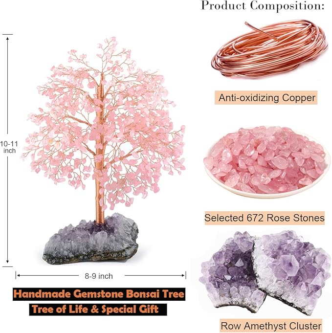 Rose Quartz Tree Gemstone Crystal Tree of Life,Amethyst Cluster Base,Healing Pink Crystal Chakra Balancing Positive Energy,Table Bonsai Feng Shui Decor Money Tree 10"-11"